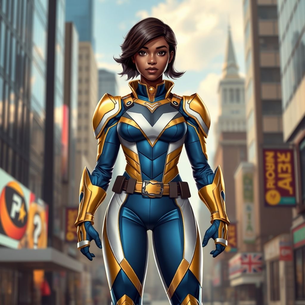 A teenage African American female superhero with slightly curly hair in a shoulder length side part style wearing a polyester armored gold and blue suit with white accents and a stylized V as her chest emblem a utility belt and gold boots standing in Philadelphia