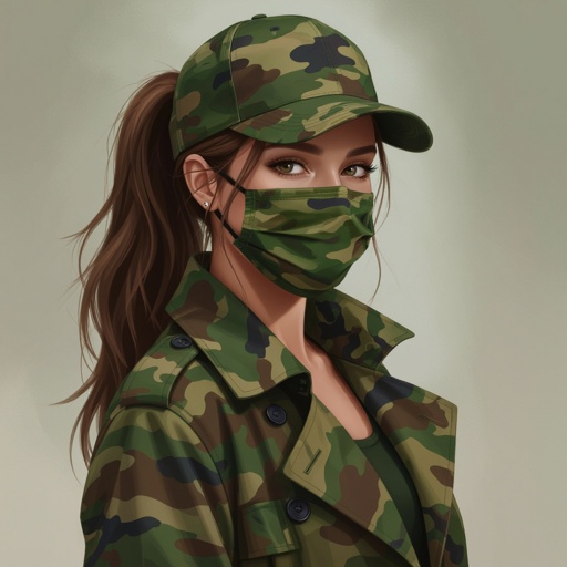 Military teen, camo mask, camo cap, camo leafy trench coat, long brown hair in a ponytail,