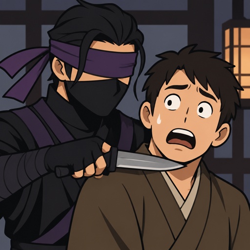 Male,black hair bruised back with a purple headband some of his hair is on the side of his ears,is blind,wearing a black ninja mask,holding a knife, another person there with a scared face