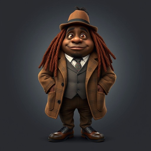 Create a funny fat character similar to Sherlock Holmes, but make him of black decent and with dread locks. Show his whole outfit including his shoes.