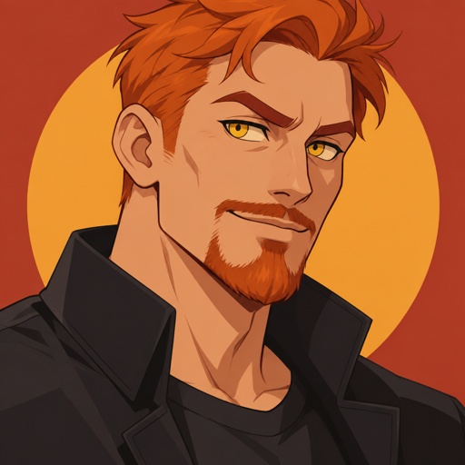 Male, orange short hair, goatee, yellow eyes, 