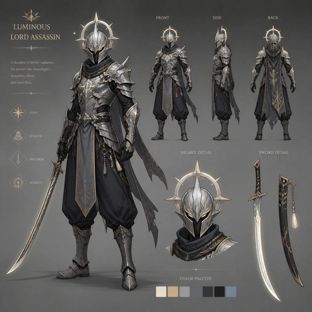 assassin, long curved sword, crested helmet, dark silver armor, luminous lord, baggy pants