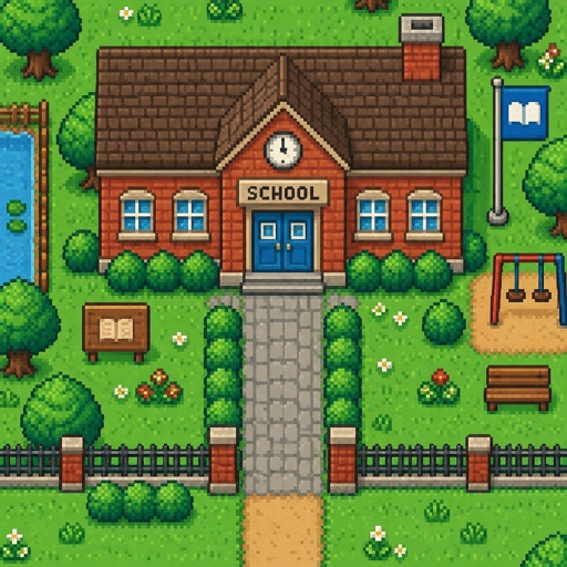 cozy small school, for a game, exterior, top down style