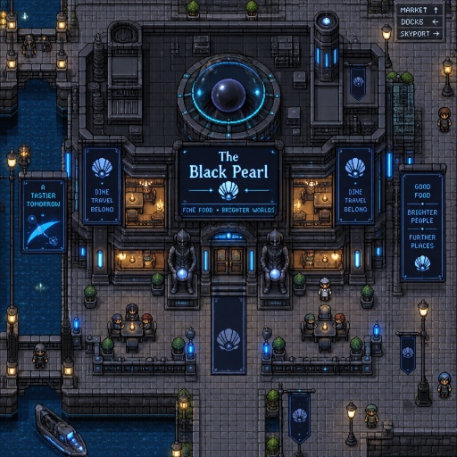 Restaurant called the black pearl for a fantasy game set in futuristic times city, full building, top down style