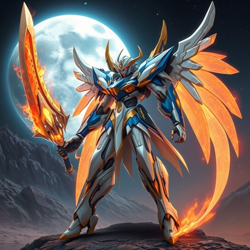 A blue white and gold feminine built mech with a giant flaming sword and metal wings standing on the moon with the earth in the background 