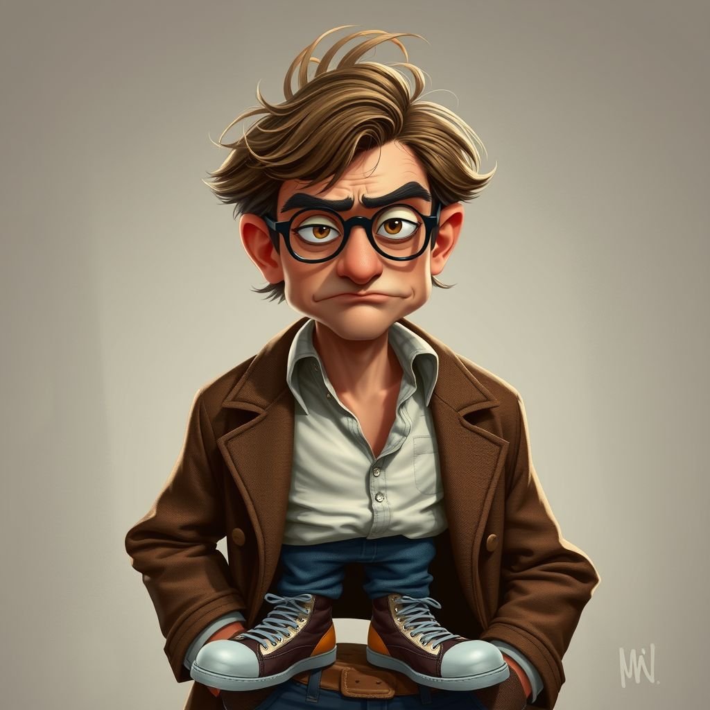 Create an adult character who is a goofy looking detective, who is confident. But funny looking and grouchy and looks tired . With cool shoes on.