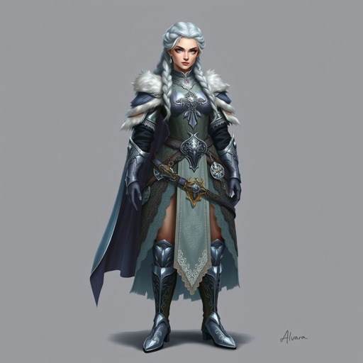 Create a battle woman hero called Alvara the Frostheart. Show full body head to toe including shoes