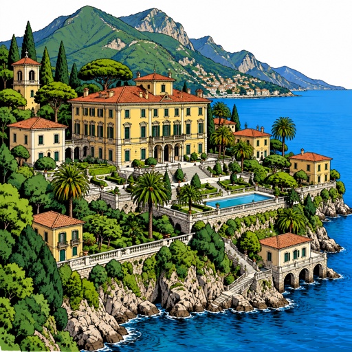 Highly realistic, no print dots no speech bubble. highly realistic, a huge Palazzo by the sea with several outbuildings mountains going to the sea with palm trees and lush, gorgeous scene drone view