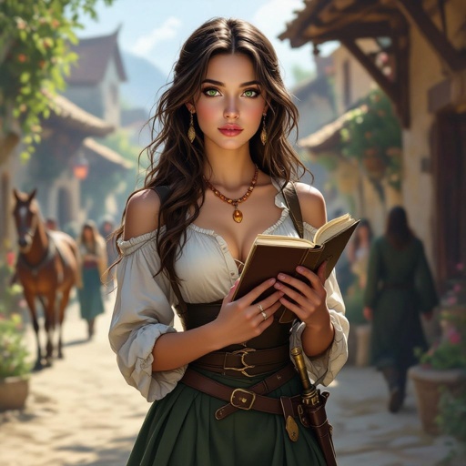 Human. Normal ears. A young human woman. Rouge. Thief.
Long brown hair, large green eyes. Pale complexion. Delicate beauty. Holding a book. She's wearing an elegant shirt that reveals her shoulders and an amber necklace. She's wearing long black pants and a green skirt that's shorter in the front. A village is in the background. People are walking by. A dagger at her belt. Horses are visible. It's daytime. The woman is looking around for someone. realistic atmosphere. More realistic.