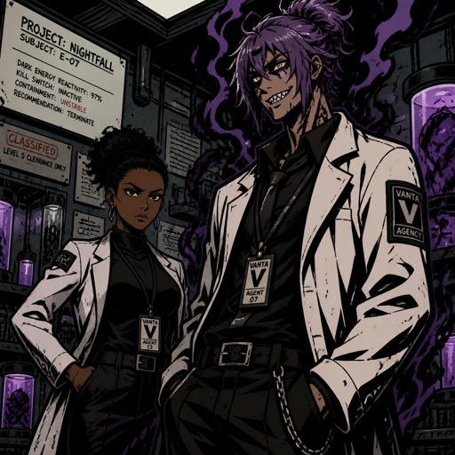 Anime style, Agent Ward a male, made in a secret lab to be best weapon and good at everything, highly skilled, be kept in check, emergency backup case he gets out of control, his hair messy bun color violet, clean shaven, yellow night vision eyes, sharp teeth, dark power energy from experiment, tired, tall, eyes sensitive to light, dangerous, intimidating, laugh like a maniac, cares about partner ruby rose she's dark skin serious plays by rules firm,them standing together ruby arguing to wards "stop being intimidating you're going to our suspect a hart attack!" Ward says "job goes faster" starts giggling, ruby warn ward " if you can't take this seriously l'll have to have you go in your room" ward sad expression says"i don't want that" ruby "ok let's do this I have somewhere to be " as a comic