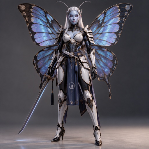A gorgeous alien butterfly woman in a futuristic space samurai armor. Show whole body. 