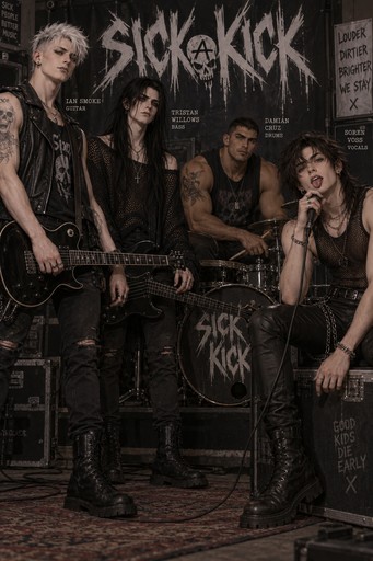 'Sick Kick' rock band with four members; Ian Smoke, Tristan Willows; Damian Cruz, and Soren Voss; punk rock; Ian is the guitarist; Tristan is the bassist; Damian is the drummer; Soren is the vocalist; 

Ian Smoke has short, white hair with undercut, crystal blue intense eyes with sharp features, smirks, labret lip piercing hoop, wears combat boots, septum ring, fair skin, smudged eyeliner, aged 23, 6'3, wears sleeveless black tanks with leather vests, multiple ear piercings; 

Damian Cruz has broad shoulders, muscular arms, olive skin, dark brown buzzcut, intense thick brows, dark brown eyes, wears sleeveless shirts and cargo shorts with combat boots, aged 23, 6'4, bulky build; 

Tristan Willows has long obsidian hair that falls past his shoulders like silk, pale porcelain skin, intensely dark and heavy lidded brown eyes, high razor-sharp cheekbones, jawline that could cut glass, looks like a gothic vampire, smudged eyeliner, wears a mesh oversized sweater that hangs off one shoulder, tight black denim, combat boots, gothic, aged 22, 6'3; 

Soren Voss has dark brown wolf cut hair, piercing green eyes, sharp features, full lips, eyebrow piercing, tongue ring, graceful with feral energy, lean build, 6'1, aged 21, vocalist, wears mesh tank tops over tight leather trousers and combat boots with silver chains that accentuate his narrow waist, pale skin
