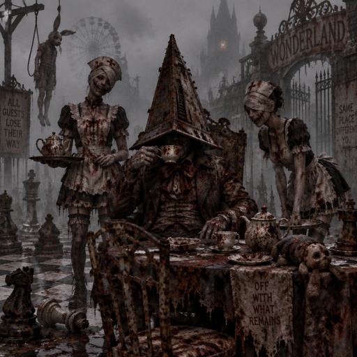 Silent Hill with pyramid head and the nurses with an Alice and wonderland spin with mad hatter as pyramid head