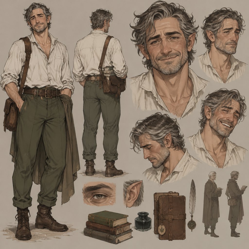 Character design sheet of a middle aged fae scholar, late forties-early 50s, subtle pointed ears, salt and pepper hair, slightly messy, strong jaw, stubble, straight nose, heavy brow, deep laugh lines, warm tired eyes, kind crooked smile, rumpled loose, linen, cream quarter length shirt and loose warm green pants. Lived-in face, expressive not glamorous, neutral background
