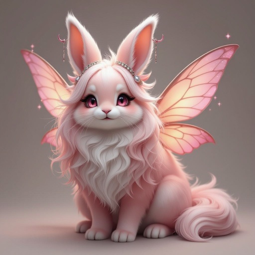 •	Fur: Long, silky, and ombré — fading from cream at the chest to strawberry pink along the belly, and mocha brown at its paws and tail-tip. 	•	Hair: Long, slightly wavy, and blends into its upper fur — hues of pale rose and dusty pink with soft, natural movement. 	•	Eyes: Deep dark pink, glowing gently like candlelight through stained glass. 	•	Ears: Long bunny ears lined with multiple piercings — silver hoops, tiny chains, and gemstone studs that glint when it moves. 	•	Horns: Two short, curved crystal-pink horns — smooth and faintly translucent, like polished rose quartz. 	•	Wings: Moth-like wings with fuzzy edges, patterned in pink, cream, and cocoa. They shimmer with a faint magical dust trail and twitch subtly when it senses energy. 	•	Fangs: Small and sharp, barely visible when it smiles but catching the light mischievously. 	•	Markings: Intricate, rune-like tattoos glow faintly along its arms and neck when it channels emotion or magic. 