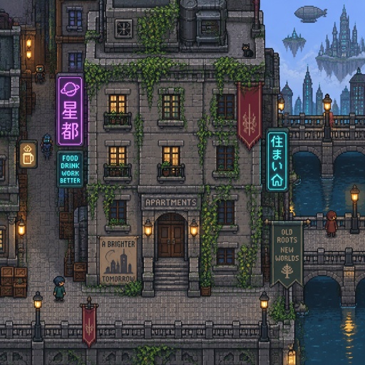 Old Apartment full building, for a futuristic fantasy city game, exterior, top down style