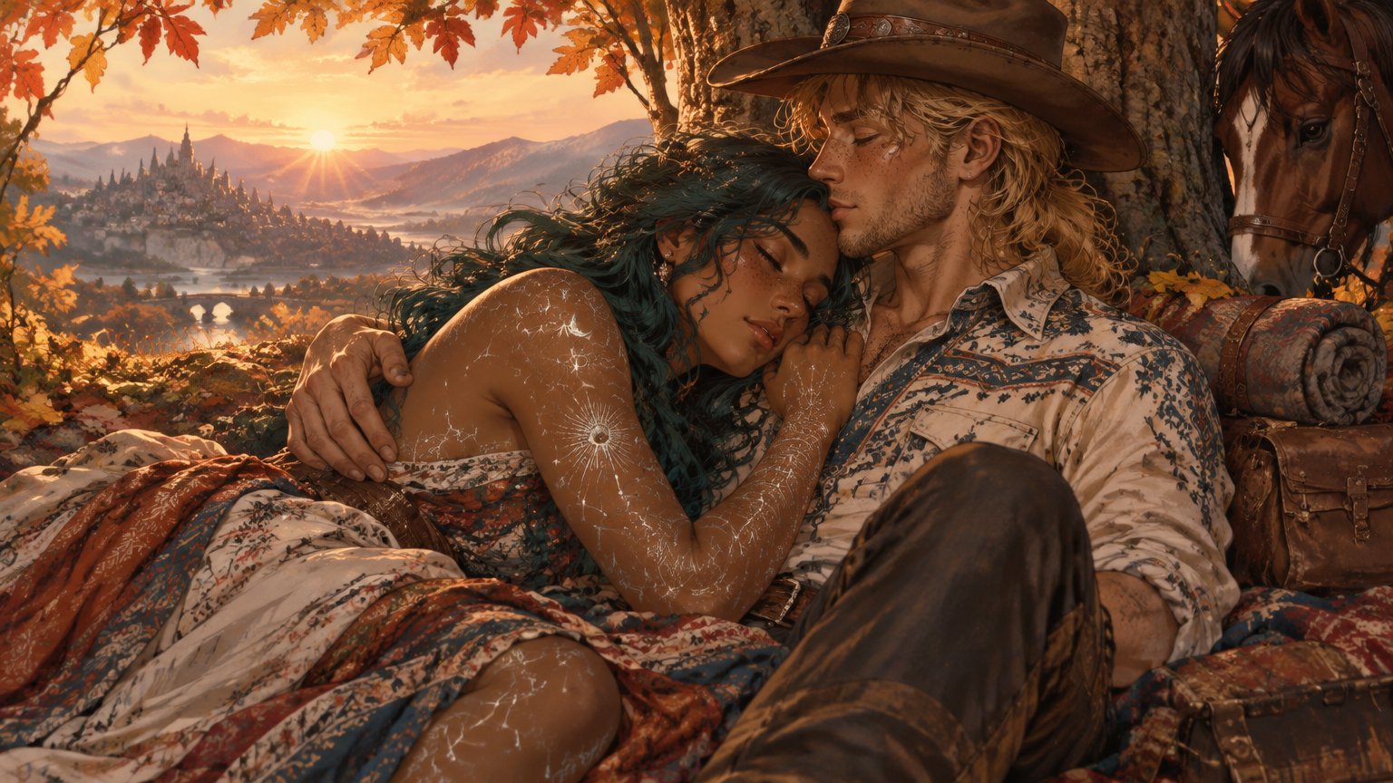stylized high-fantasy historical d&d illustration of two people, sprawled out napping together under a canopy of autumn trees at dawn. the woman is tall, toned, and gentle with wavy teal hair, dark tan skin, freckles, brown eyes, and all-encompassing silvery constellation tattoos, wearing a soft colorful flowy country dress. she is curled into her friend. the man is tall, gentle, and sweet with a blonde messy mullet, soft green eyes and freckles, wearing a cowboy hat and patterned collared shirt. he holds the woman, kissing her forehead as she sleeps.