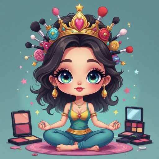 Create a chibi character mid 30’s lady who is the meditating with crown of makeup stuff