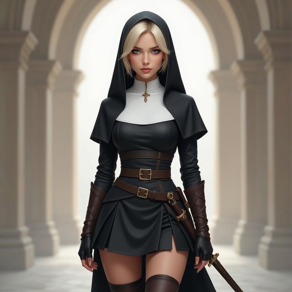 Blonde Pixie Cut High Elf Nun Assassin mini skirt 