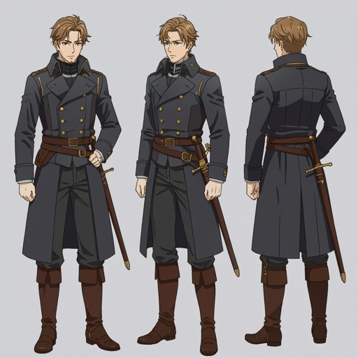 Soldier, 1800s, double-breasted gray great coat, man, tall, short light brown hair, gray eyes, sword at his hip, ruby in the pommel,  leather armor under greatcoat, gold buttons, brown belt, dark gray trousers, dark brown knee high boots, serious look on his face, Caucasian