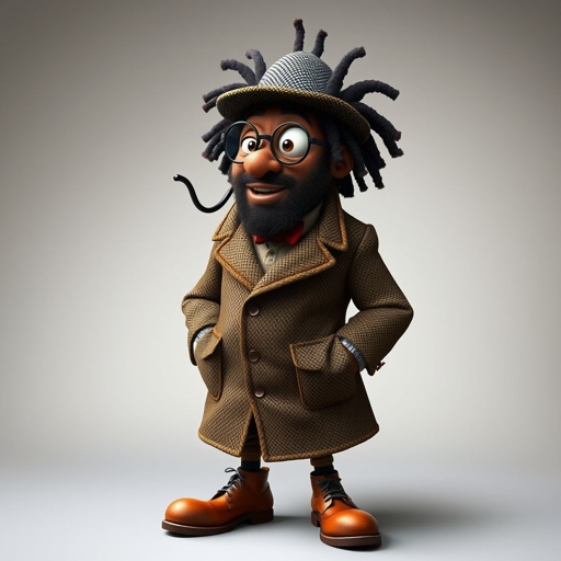 Create a funny serious fat character similar to Sherlock Holmes, but make him of black decent and with dread locks. Show his whole outfit including his shoes.