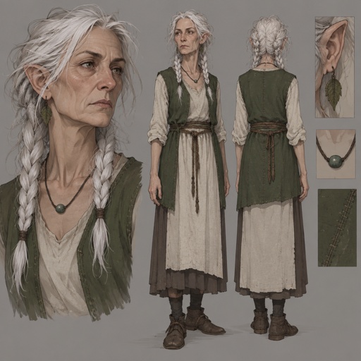 Female, wrinkled, slim, two braids, messy white hair, skinny, leaf earrings, dress, green vest, brown rope around waist, slightly pointy ears, one bead necklace, serious, concept, face expressions