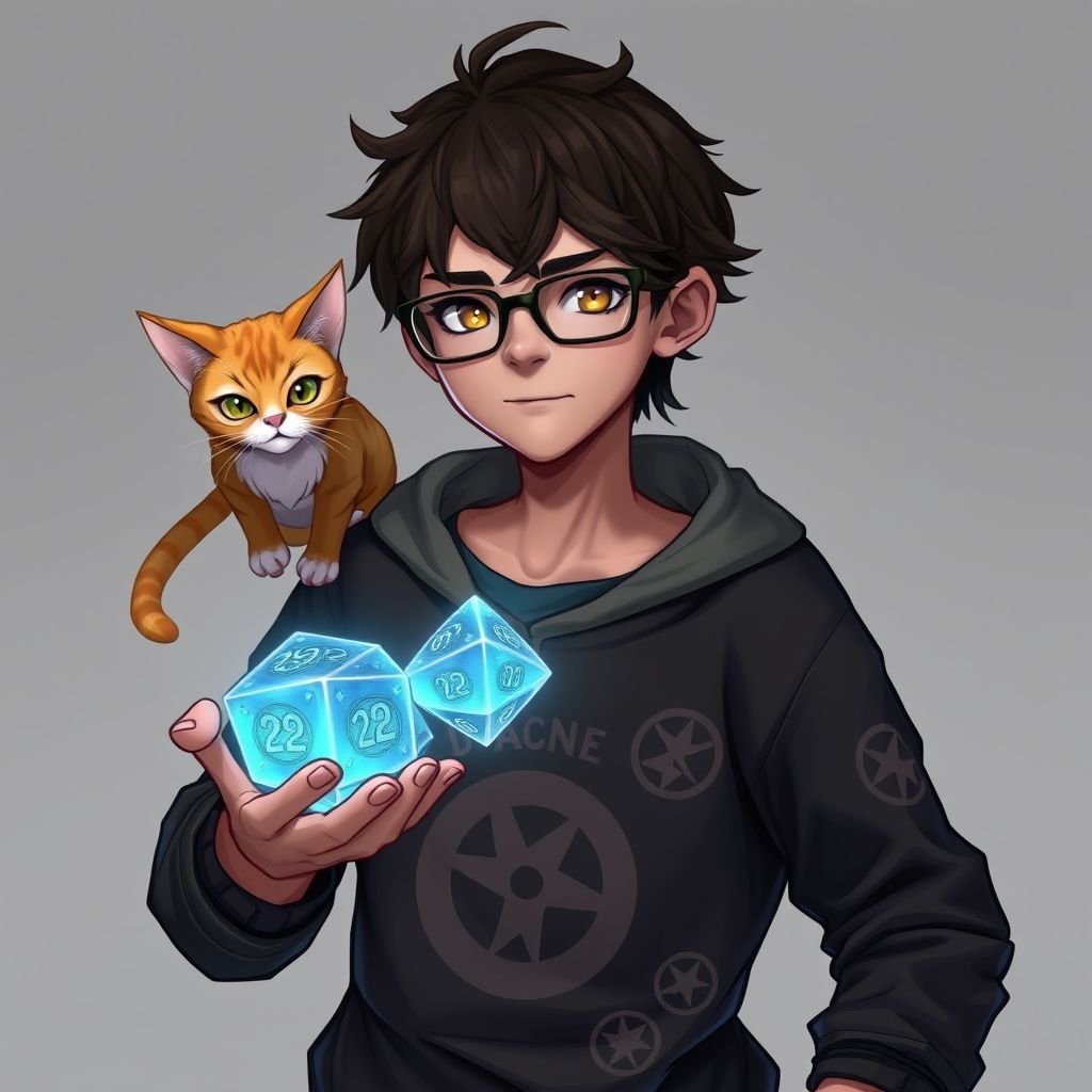 Guy with short dark brown hair with black sweatshirt. He has 1 orange cat on his right shoulder. He holds 2 epic looking 20 sides dice in left hand