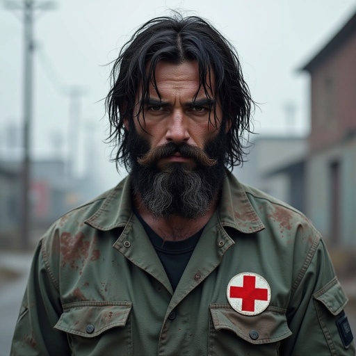 A black man with a black beard and black medium long hair wearing a medical uniform