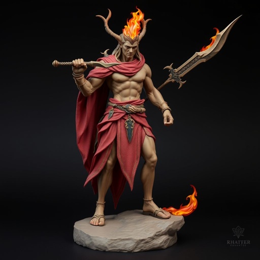 Create handsome hero Rhen the Fire – A lean, muscular man. He wears layered, flowing desert robes dyed in warm reds and golds, with scorch marks where flames have licked them. A curved blade hangs at his hip. Show whole body head to toe including her shoes.