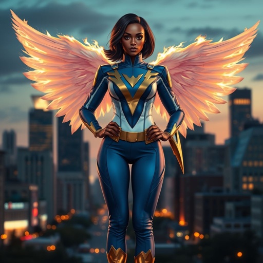 African American female superhero with shoulder length hair in a side part style and wings made of white fire wearing a slightly homemade white blue and gold suit with blue pants with a stylized V as her chest emblem wearing gold flat boots made of gold standing in Philadelphia at dusk