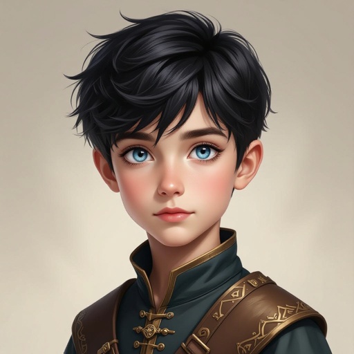 a pale boy 12 years, short black hair, with heterochromia eyes, one navy blue eye, one light blue eye. medieval outfit