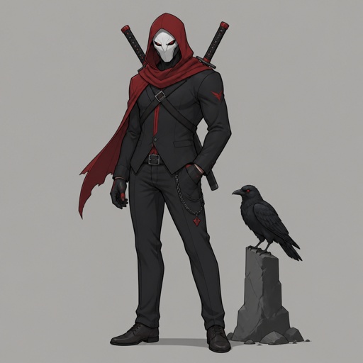 male Villian mercenary, red hood full white face mask, two swords on back, red eyes, crow, simple suit design, full body