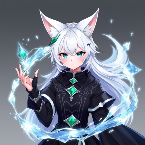 (Genshin Impact based) A pale teenage girl with a Cryo Vision wearing a royal black top and trousers with hair and small fox ears as white as snow with emerald eyes and conducting ice. She also has an ancient mythical right arm