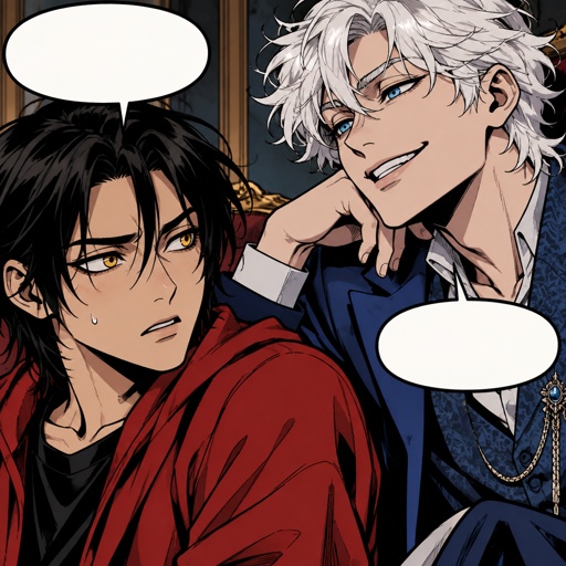 Male, Asian, neck length black hair, yellow eyes, eyeliner, wears red casual clothes, nervous, small mouth, male, fluffy white hair, big blue eyes, long smile, snobby, wears blue,