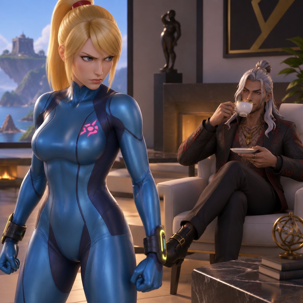 Samus Aran zero suit, angry, Kado Thorne from Fortnite white hair broke into Samus’s house, he’s sitting on a chair sipping tea, house background
