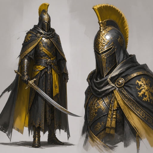 assassin, curved sword, crested, helmet, colors black yellow grey silver gold, luminous lord