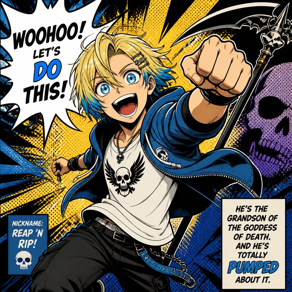 Anime male grandsons of the goddess of death,very excited boy with blonde hair and died blue tips hair styled with being up to neck length and one side having hair clips and his top hair is more bushed nice up his other side of hair being loosed with no hair clips and blue eyes casual clothes has the power of death and always looks at the good things in life When a friend or family member gets really extremely harm to possibly no return his dark side will come out his skin become gray his hair becomes full blue his tips a more dark blue his eyes become a bright shining yellow no pupils his sclera becomes black his powers become extremely strong very dangerous to be near him when he unleashes his full powers he will also have black swirls around him when this happens
