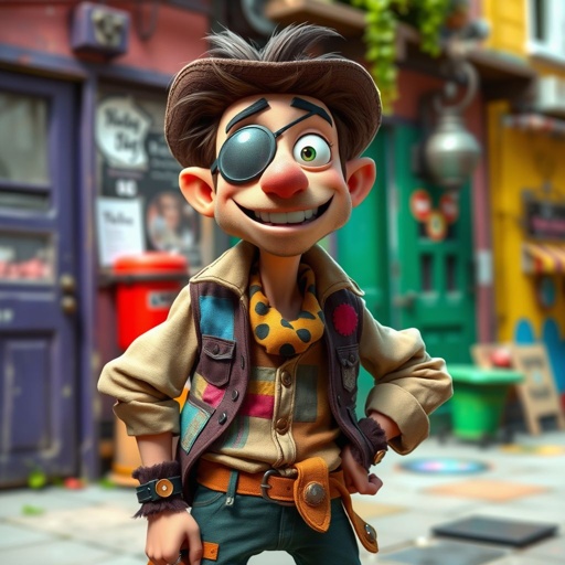 Create a funny adult guy name one eye Willy, who has one eye patched, show entire body head to toe 