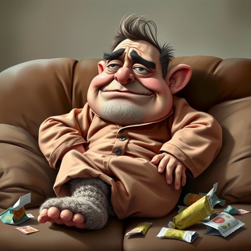 Create a character who is lazy as heck. And you could tell from his face and his entire outfit. Make is funny and the style of the graphic photographic