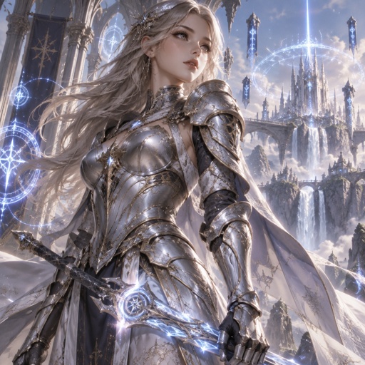 Gorgeous lady in a silver knight futuristic armor 