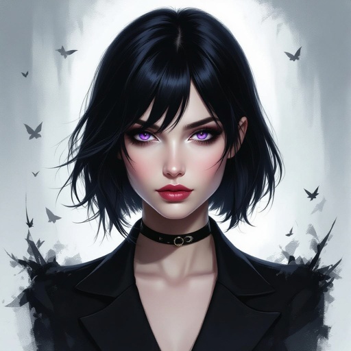 Create mysterious woman jet-black hair is cut sharp to her jawline, and her violet eyes seem to pierce through darkness. A shadowy aura clings to her form, faint shapes shifting and flickering behind her like whispers of another realm.