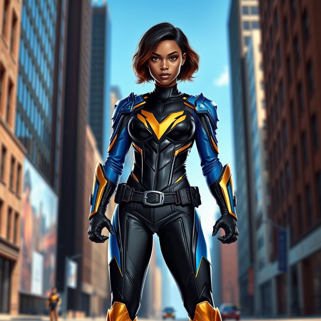 A teenage African American female superhero with slightly curly hair in a shoulder length side part style wearing a polyester armored black and blue suit with gold accents and a stylized V as her chest emblem a utility belt and gold boots standing in Philadelphia