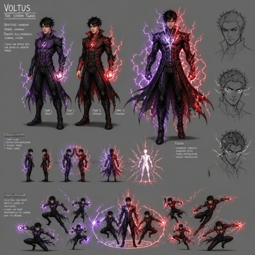 Male superhero twins with lightning powers, cool costume, one has purple the other has red, they can morph into one body, black hair,multiple of the same character 