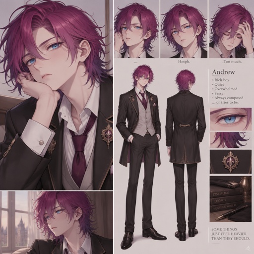 Male name Andrew, rich boy, isolated till he was 16, has neat neck long swooped on left side the bottom of his hair is stick up and pointy looking both sides fuchsia purple hair that gets more purple the further down it goes, beautiful Azure eyes, gives sassy look at people,quiet, easily overwhelmed, only friend is his next door neighbors son whose name is jack the lead star of baseball team and jack has a girlfriend named rose