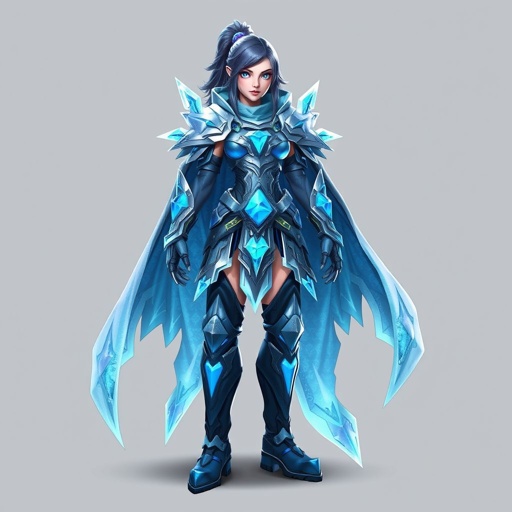 Create a battle woman hero called Alvara the Frostheart. Show full body head to toe including shoes