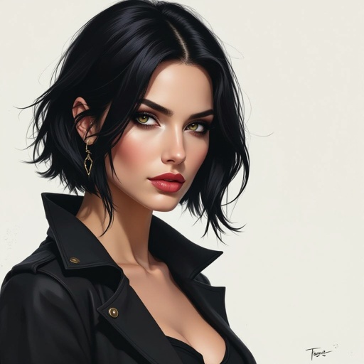 Show character head to toe. Create a mid age fantasy woman jet-black hair is cut sharpand her eyes seem to pierce through darkness. A shadowy aura clings to her form,