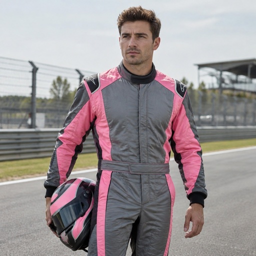 A man in a pink and grey racing uniform with no logos or sponsors 