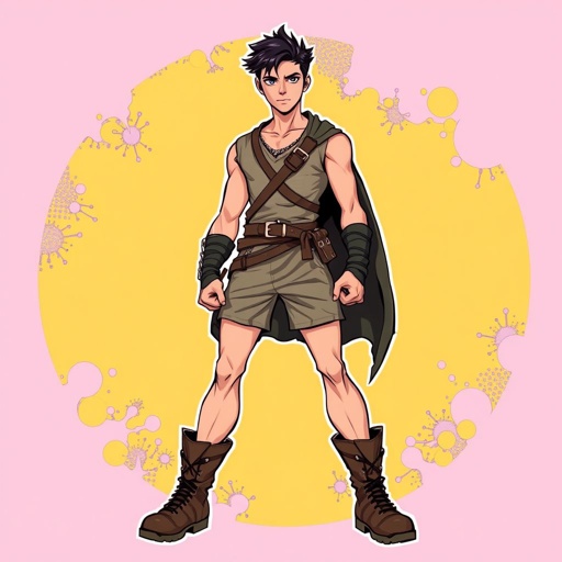 Age 18 male has nobility in his blood, he wears a simple tunic, shorts, and combat boots. He is tall and lean and has short dark hair
