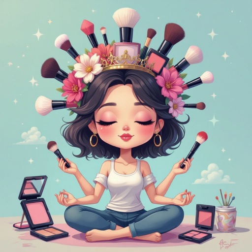 Create a chibi character mid 30’s lady who is the meditating with crown of makeup stuff