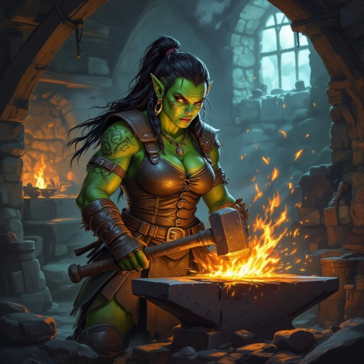 A female half orc blacksmith